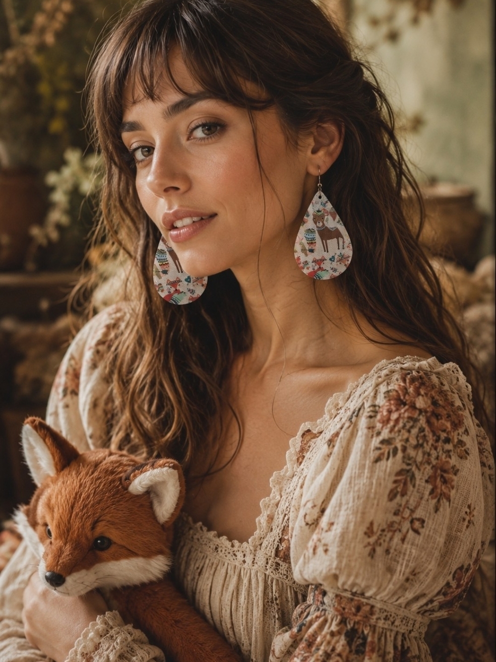 4/$15 Boho Teardrop Floral Fox Print Earrings Cottagecore Whimsy Fairy Forest